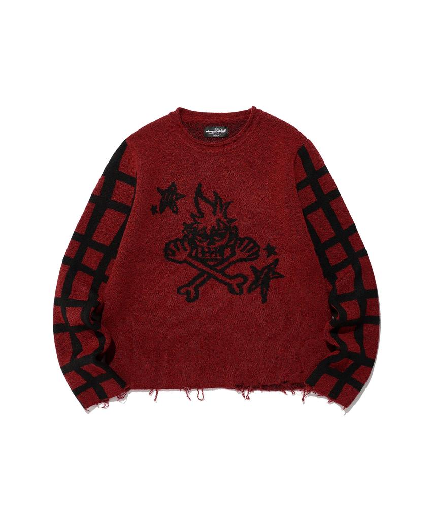NICEGHOSTCLUB Красная вязаная футболка в клетку с черепами L/S(Ng2Efuk606A)