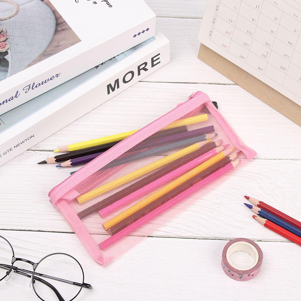 Handbags Cosmetic Stationery Zipper Pencil Case Mesh Pen Bag Transparent Grid Cosmetic Storage