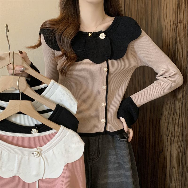 Вязаный свитер с французским кружевным вырезом для женщин с длинными рукавами, короткий свитер, нижний верх