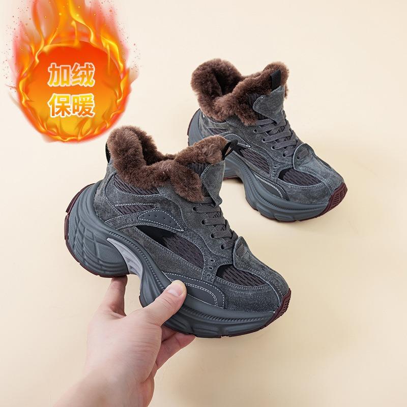 Зимние новые женские черные плюшевые повседневные пушистые туфли на толстой подошве, кроссовки-маффины