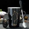 Ceramic Mugs 12 Constellations Creative Mugs with Spoon Lid Black Mug Porcelain Zodiac Milk Coffee Cup Drinkware Couples Gift