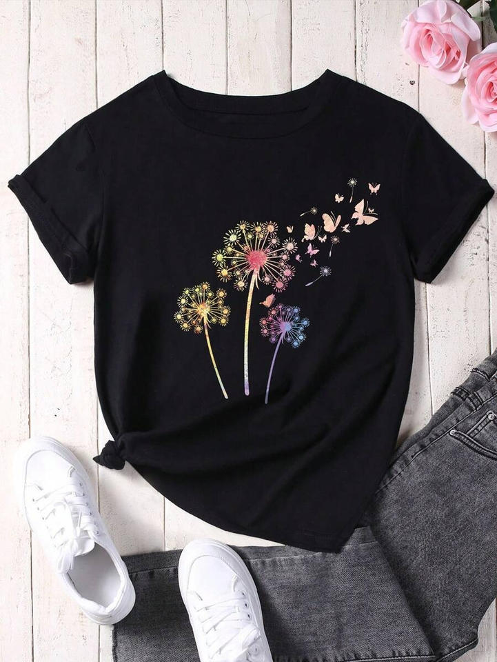 Women's Dandelion And Butterfly Pattern Printed Short Sleeve T-Shirt Graphic Tees Women Tops