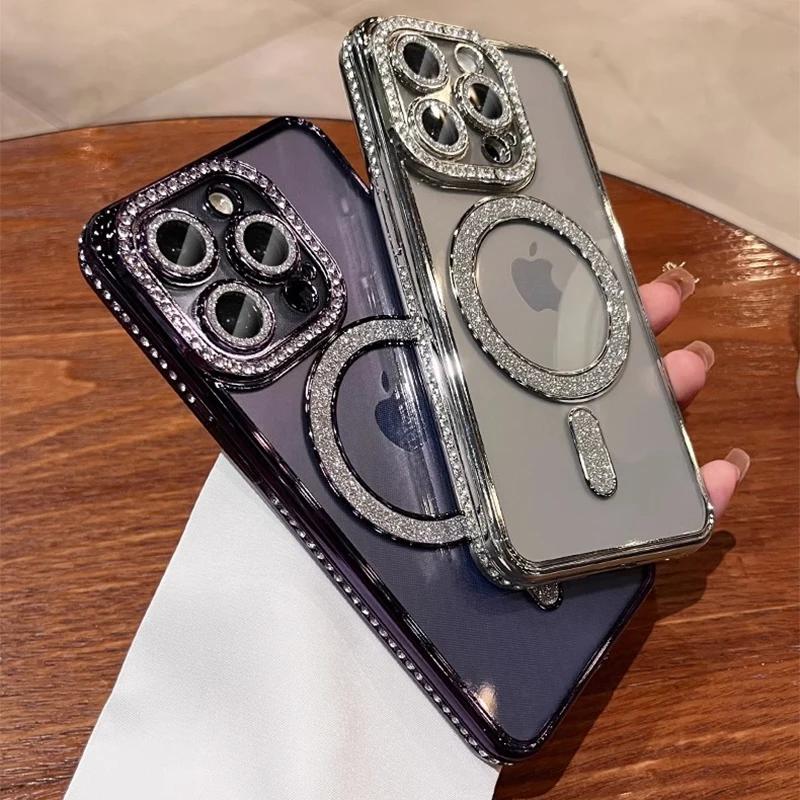 Модный прозрачный чехол для телефона с блестящими бриллиантами для iPhone 16 15 14 13 12 11 Pro Max 15 Plus с магнитной поддержкой Magsafe для беспроводной зарядки