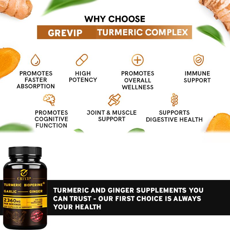 GREVIP Turmeric Curcumin with Bioperine Garlic Ginger 2360mg Capsules 120pcs — Joint Wellness, Digestive Support, Daily Nutrition