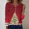 Women's Fashion Casual V-Neck Long Sleeve Decorative Button Christmas Print Top