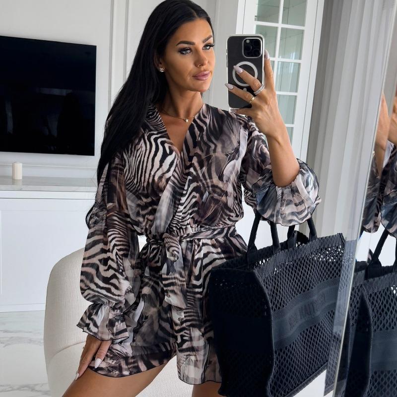 Новые модные винтажные комбинезоны с пышными рукавами и цветочным принтом, женские элегантные облегающие повседневные женские комбинезоны с V-образным вырезом и шнуровкой, летние боди для офисных леди 26160