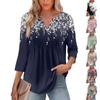 Women's Fashionable Casual Pleated V Neck Solid Color Seven Quarter Sleeve T-shirt Top