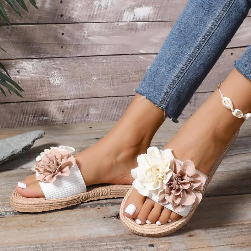 Легкие женские туфли с открытым носком, женские тапочки, повседневные тапочки для улицы, женские разноцветные цветочные тапочки больших размеров на плоской подошве с сандалиями