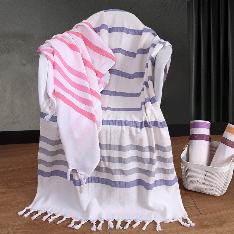 Turkish Cotton Striped Beach Towel with Tassels – Absorbent, Ideal for Bathing, Swimming, and Sun Protection