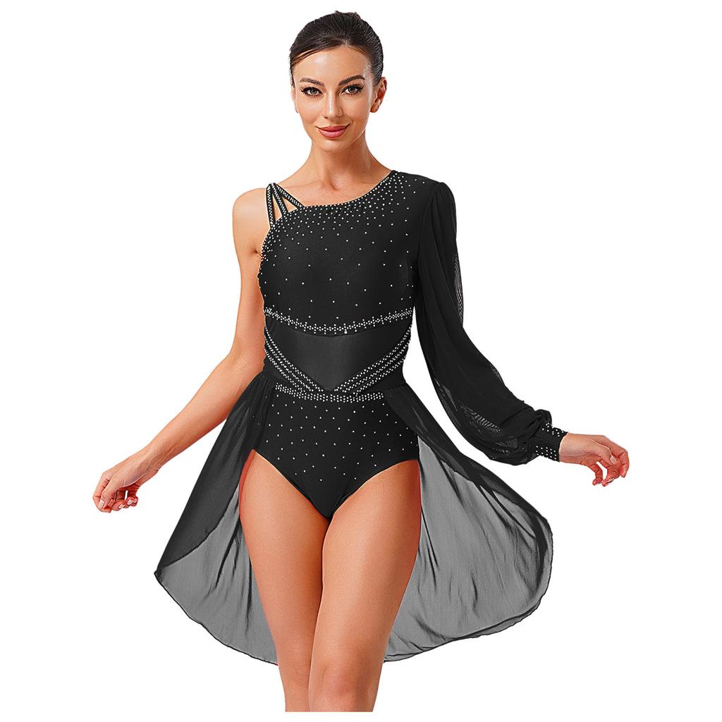 Womens One Shoulder Latin Dance Dress Single Sleeve Sparkle Rhinestone Performance Costume