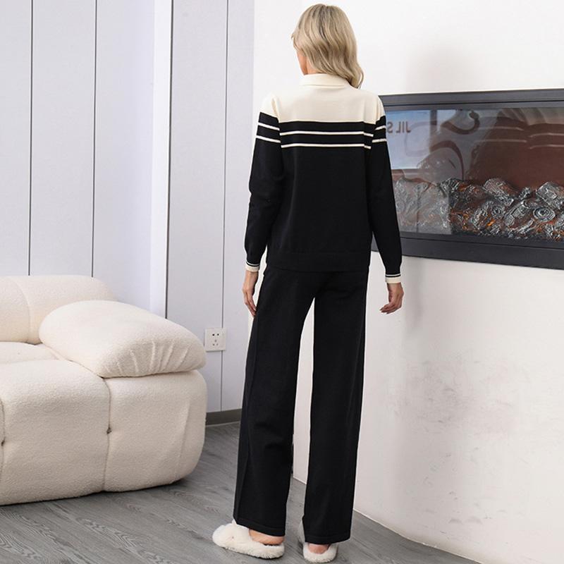 Женский повседневный осенний комплект из двух предметов, свободный контрастный цвет, отложной воротник, длинный рукав, широкие брюки с карманами, трикотажный костюм