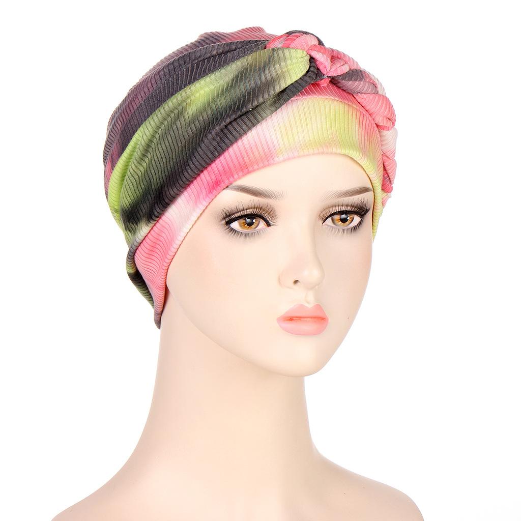 8 Colors New Fashion Braid Tie Dyed Multicolor Soft Muslim Hijab Turban Hat