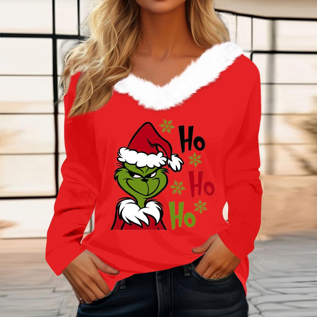 Women's T Shirt Tee Christmas Shirt Long Sleeve Party Christmas Fleece Collar V Neck Top