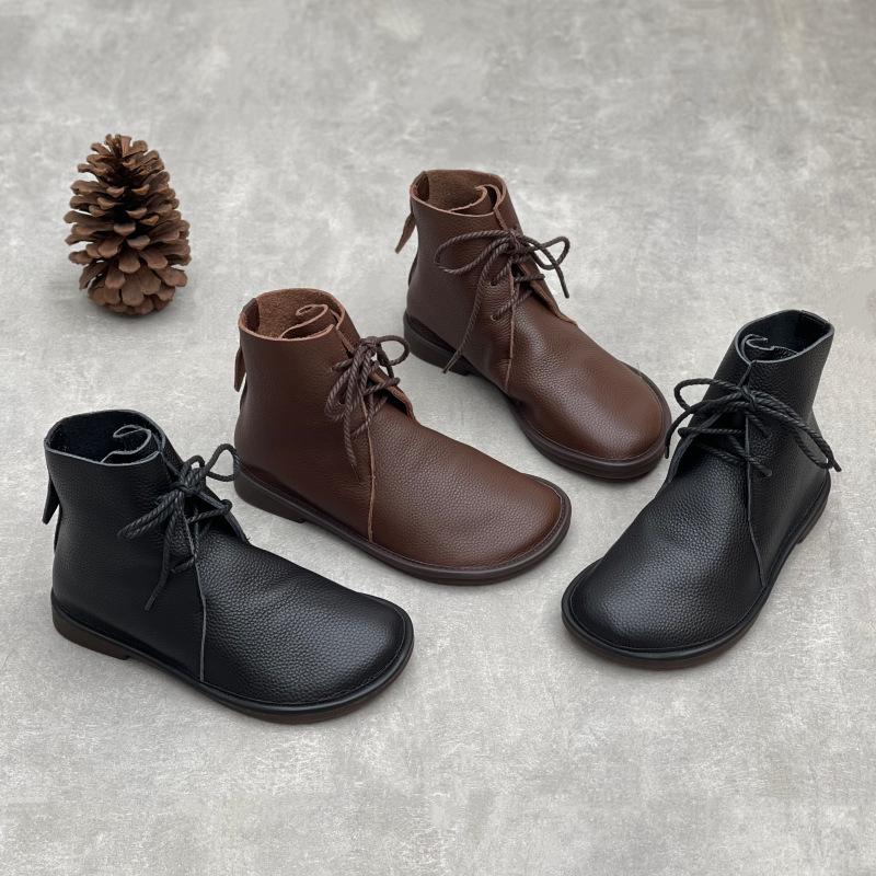 Ботинки из мягкой кожи на мягкой подошве, повседневные универсальные ботильоны на шнуровке с круглым носком, женская обувь, ретро-ботинки