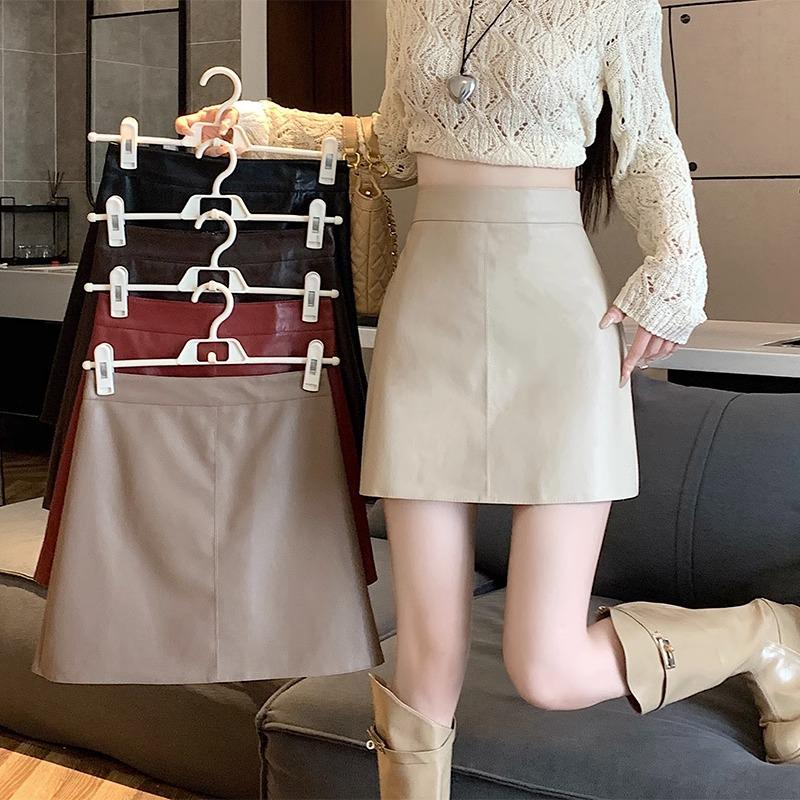 Women's High-Waisted Black PU Leather A-Line Mini Skirt - Slim Fit, Anti-Exposure, Perfect for Spring and Fall
