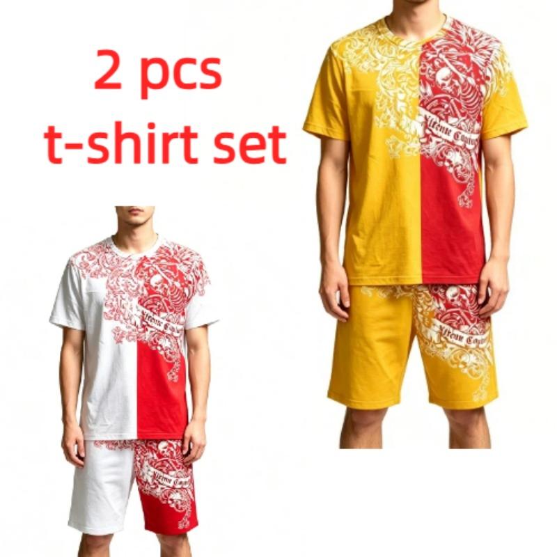 Summer Casual Retro Skull Printed Round Neck Short Sleeved Kids T-Shirt And Shorts Set Boy's and Girl's T-shirt Shorts Set