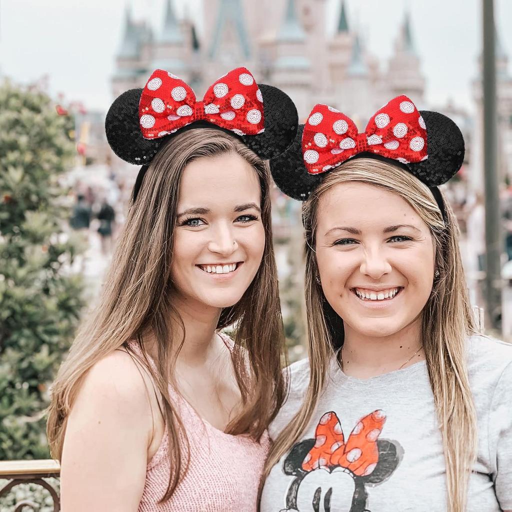Shiny Sequin Mouse Ear Headbands, 2 PCS Classic Bow Headbands for Adult Women and Girls (Red Sequin & Red Dot)