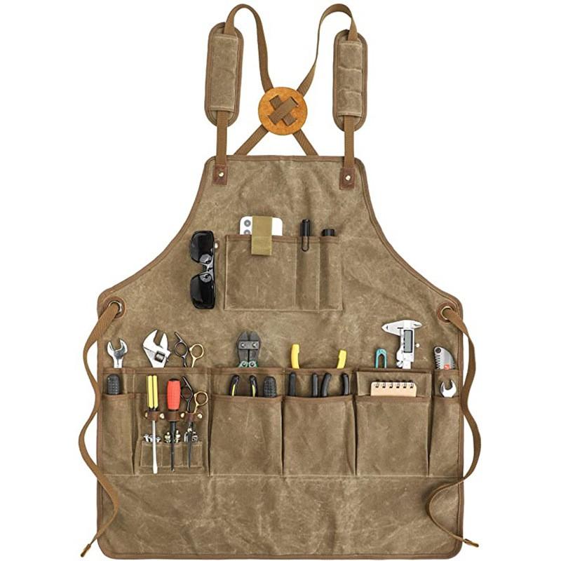 Unisex Working Apron Waxed Canvas 3D Pockets Adjustable Straps Gardening Woodworking