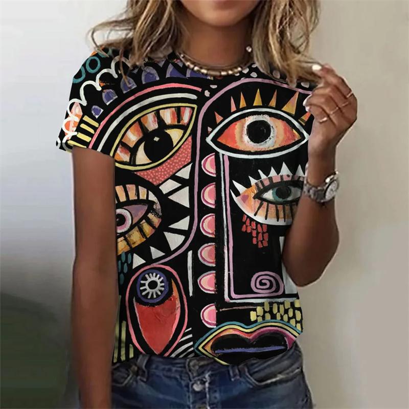 Абстрактная женская футболка с принтом лица в виде 3D-абстракции, повседневная свободная футболка Harajuku с круглым вырезом и коротким рукавом для женщин