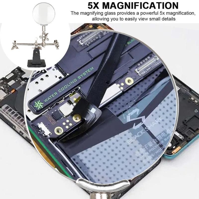 5X Helping Hand Magnifying Glass Stand Adjustable Soldering Magnifying Glass Third Hand Solder Aid Electric Circuit Board Repair