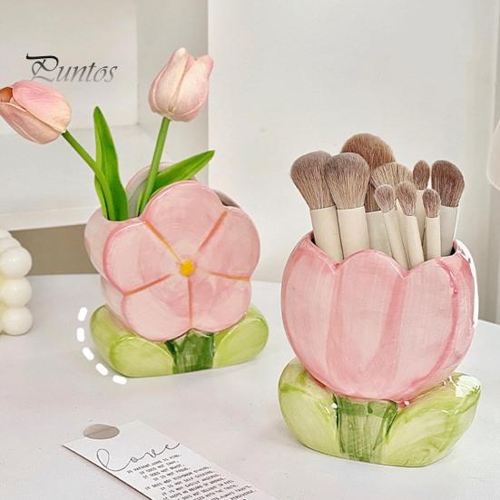Ceramic Flower Pen Holder Handmade Tulip Cosmetic Storage Box Makeup Brush Organizer Flower Pencil Holder for Home Office Desk
