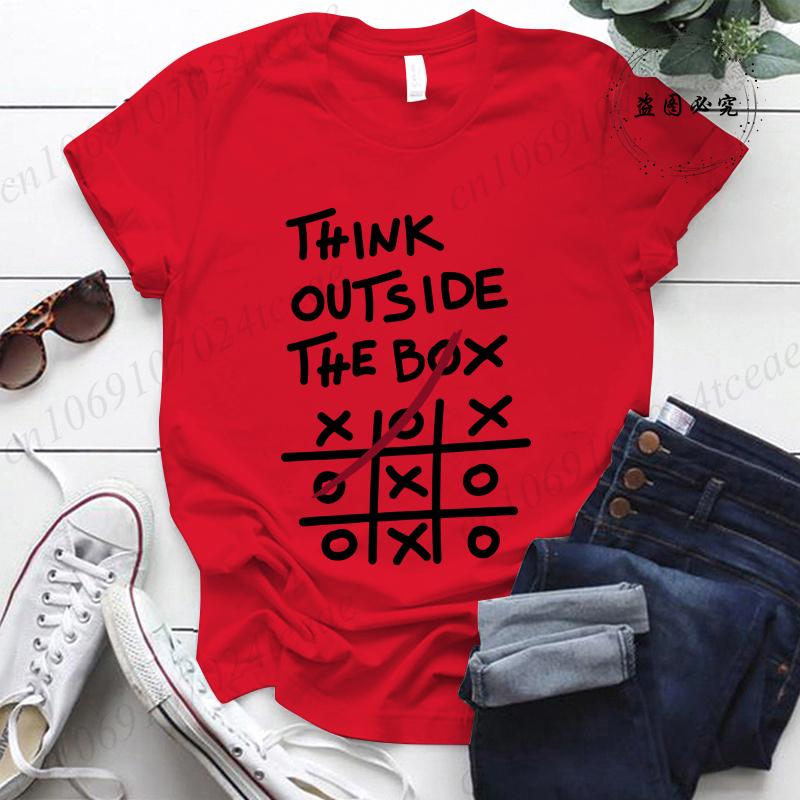 Think Outside The Box Printed Women T-Shirts, Women's Casual Tee Shirts Clothing Short Sleeve Crew Neck Top for Summer & Spring
