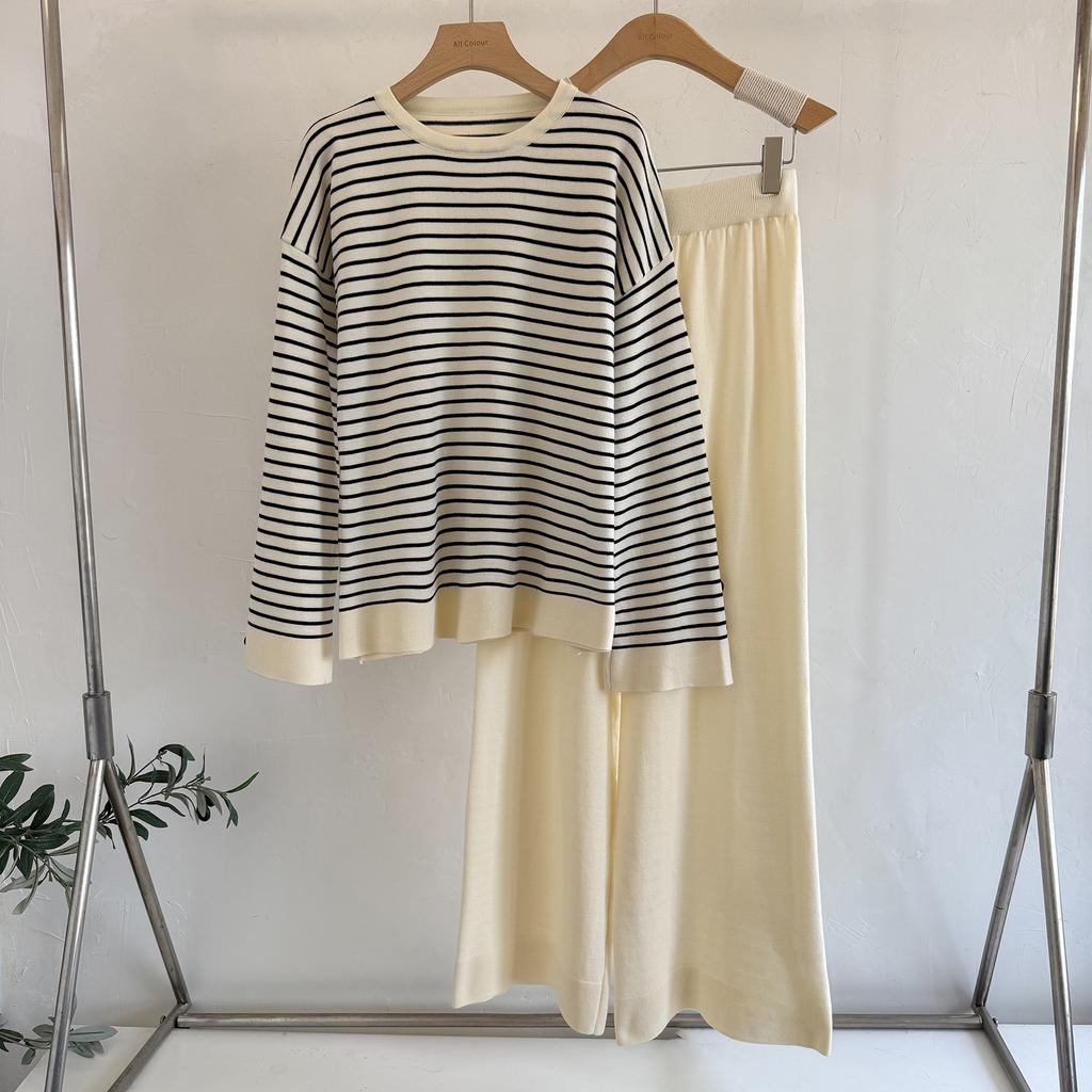 Корейский повседневный костюм женский осенне-зимний женская одежда полосатый топ повседневные широкие брюки модный темперамент