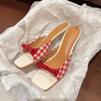 Милые белые красные клетчатые босоножки-мюли, женские шлепанцы с бантом и каблуком-рюмочкой, милые женские туфли-лодочки для вечеринки