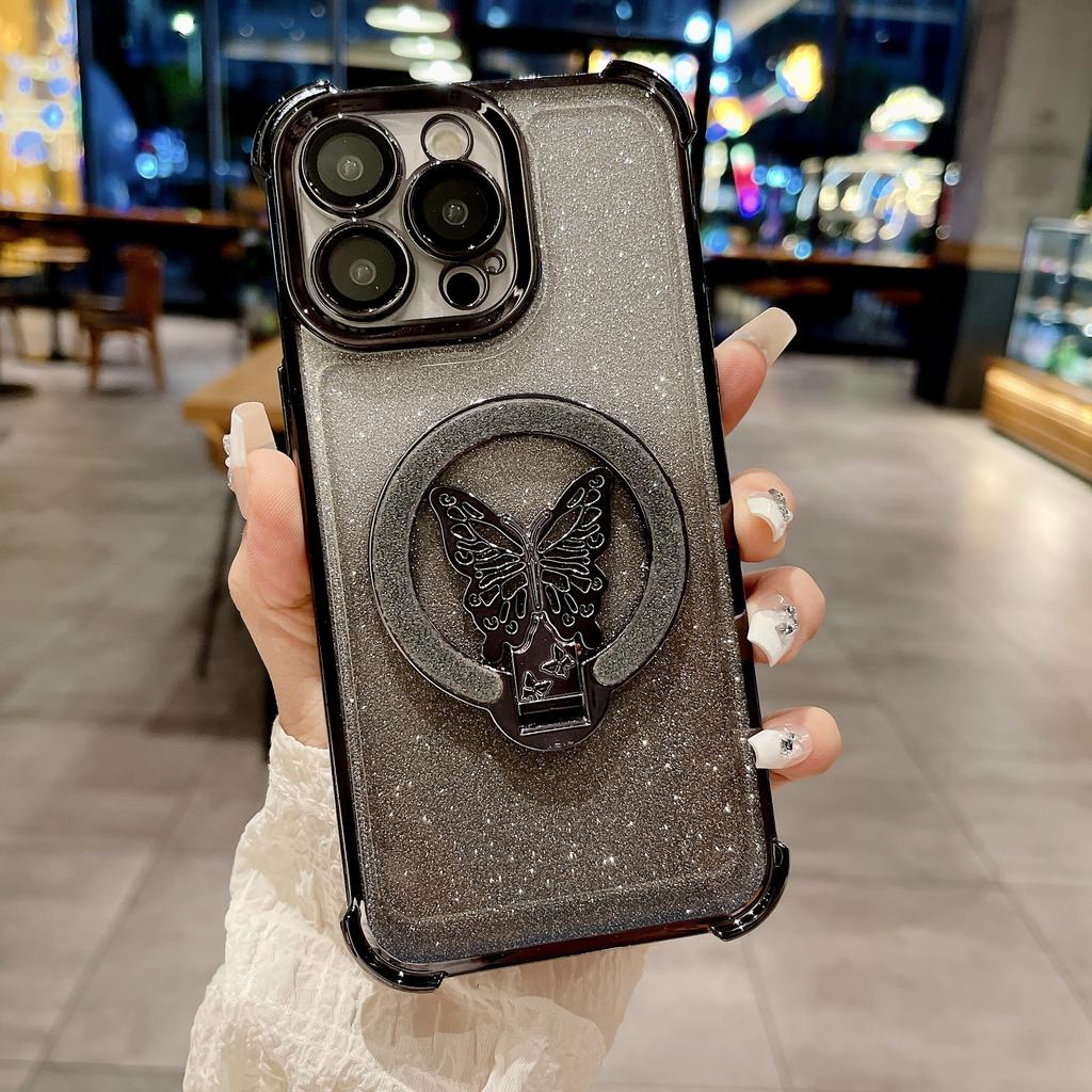 Applicable to iPhone16ProMax mobile phone case butterfly glitter bracket Apple 15 four corners anti-drop protective case