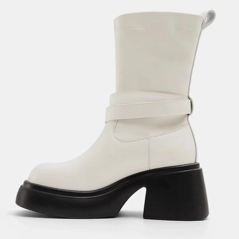 Платформа Женские Ботинки Челси До Середины Икры Новые Зимние Туфли На Среднем Каблуке Массивные Мотоциклетные Ботинки Вечеринка Готика Снежные Туфли-лодочки Mujer Botas