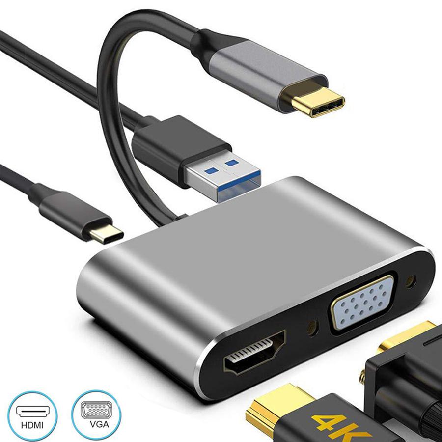 Type-C 4 In 1 Audio Converter Type C To VGA USB USB-C Hub Adapter Adaptor Grey