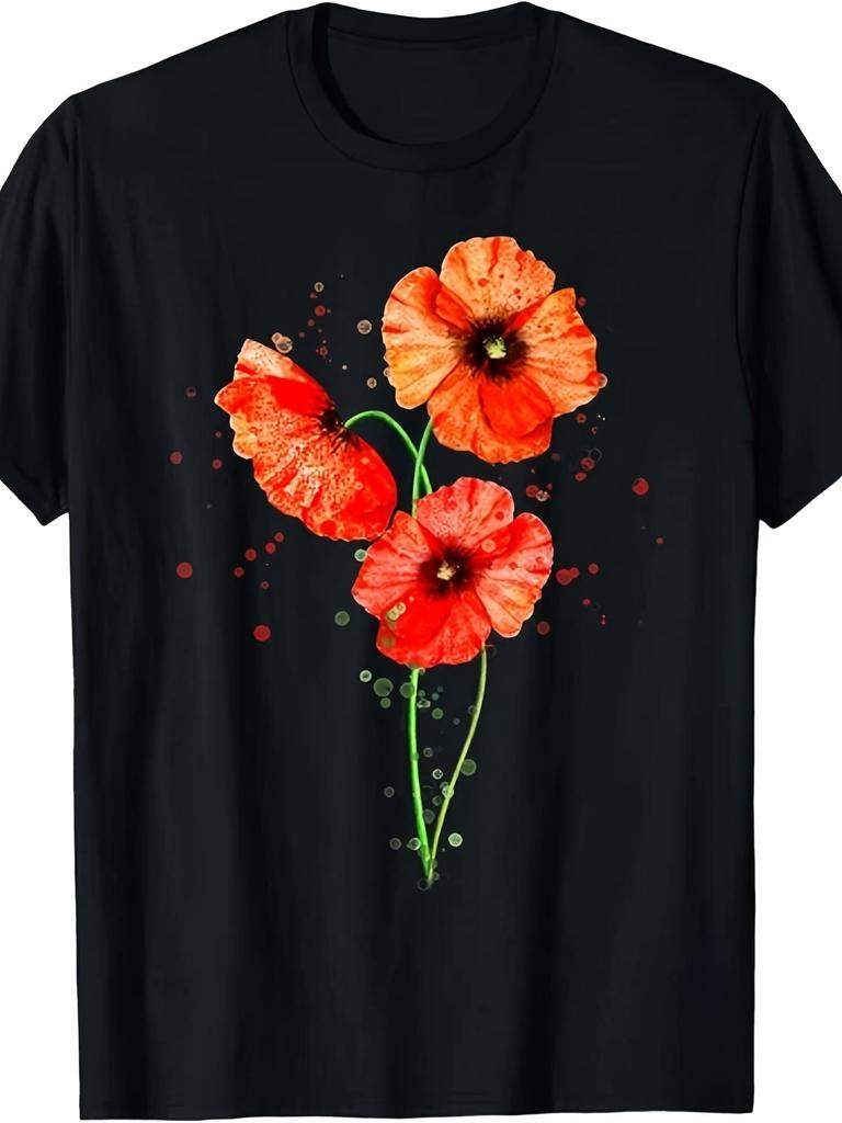 Red Poppies Watercolor Painting Botanical Flower Art T-Shirt (2) Same Style for Men And Summer Short