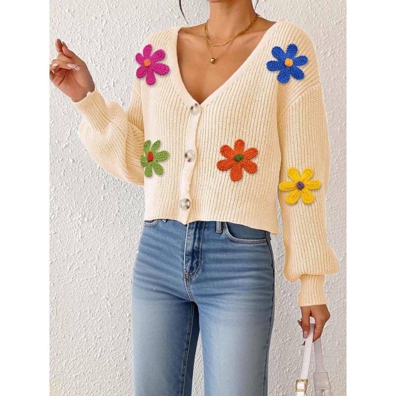 Women's Autumn Winter New Three-dimensional Embroidery Colorful Flower Splicing Button Cardigan Sweater Short Jacket