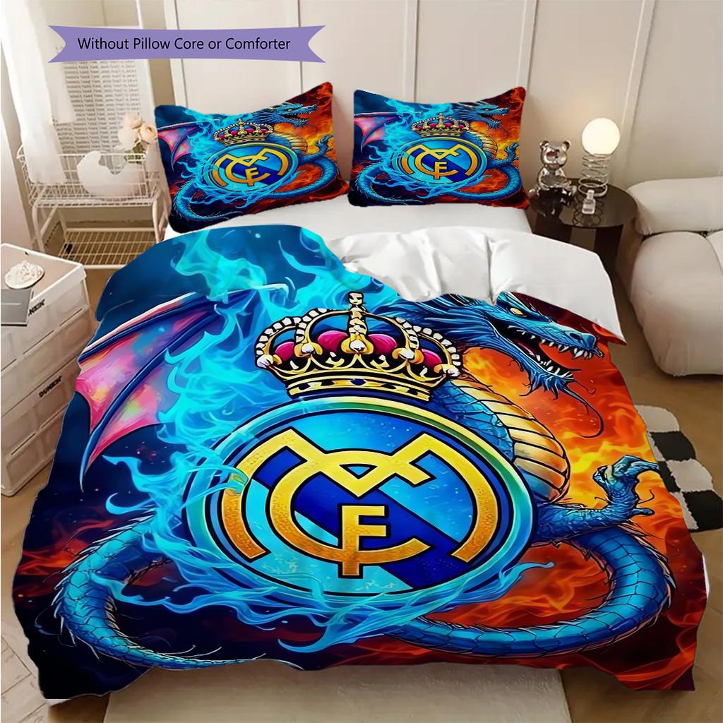 Комплект постельного белья с узором ФК Реал Мадрид Одеяло Покрывало Наволочка Домашний Декор Подарок на День Рождения (1 пододеяльник + 2 наволочки, без наполнителя)