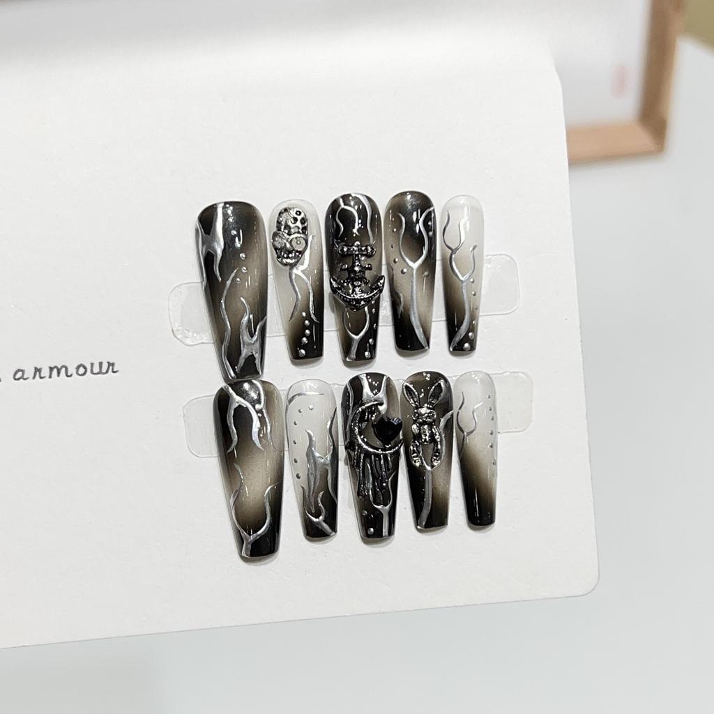 Pure Handmade Light Therapy Wear Armor Hand-painted Magic Mirror Flame Dark Story Rogue Rabbit Sweet Cool Manicure Finished Fake Nail