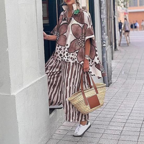 Women's Floral Print Loose Two-Piece Set Lapel Short Sleeve Top Wide Leg Pants Set Summer Casual Boho Streetwear