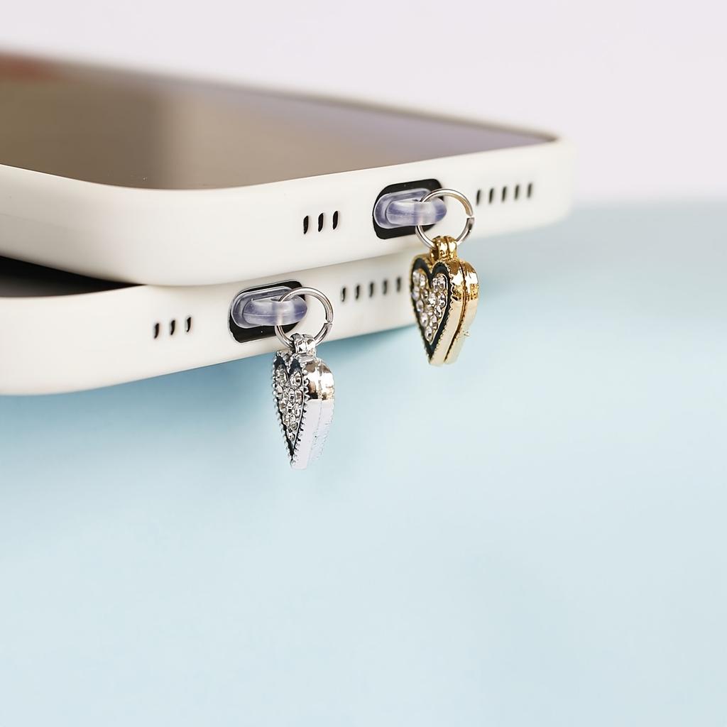 Набор из двух подвесок в виде сердец с бриллиантами, сочетающих положительное и отрицательное, заглушка для защиты от пыли для мобильного телефона, подвесное украшение, аксессуары для мобильного телефона