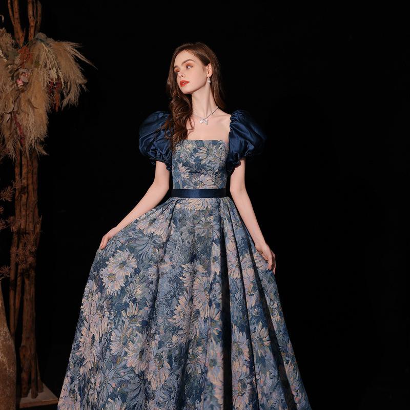 Evening dress women's wedding party texture light luxury niche princess court oil painting style tube top blue toast suit