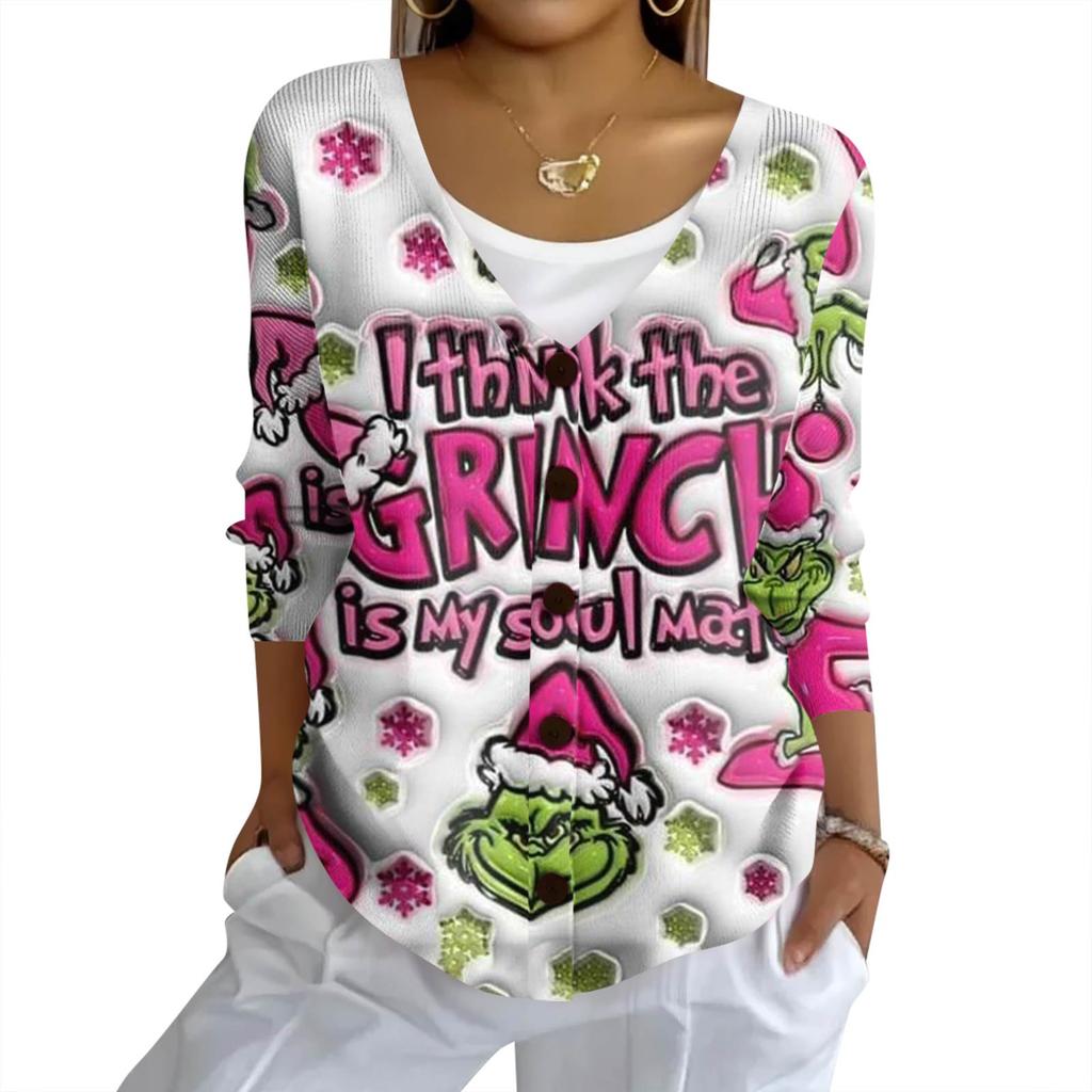 Women's Fashion Casual Knit Sweater Button-Up Christmas Print Cardigan Jacket