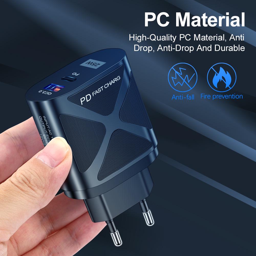Светодиодная быстрая зарядка 25 Вт с двумя портами и поддержкой PD+QC3.0 для мобильных телефонов - стандарты США/ЕС/Великобритании