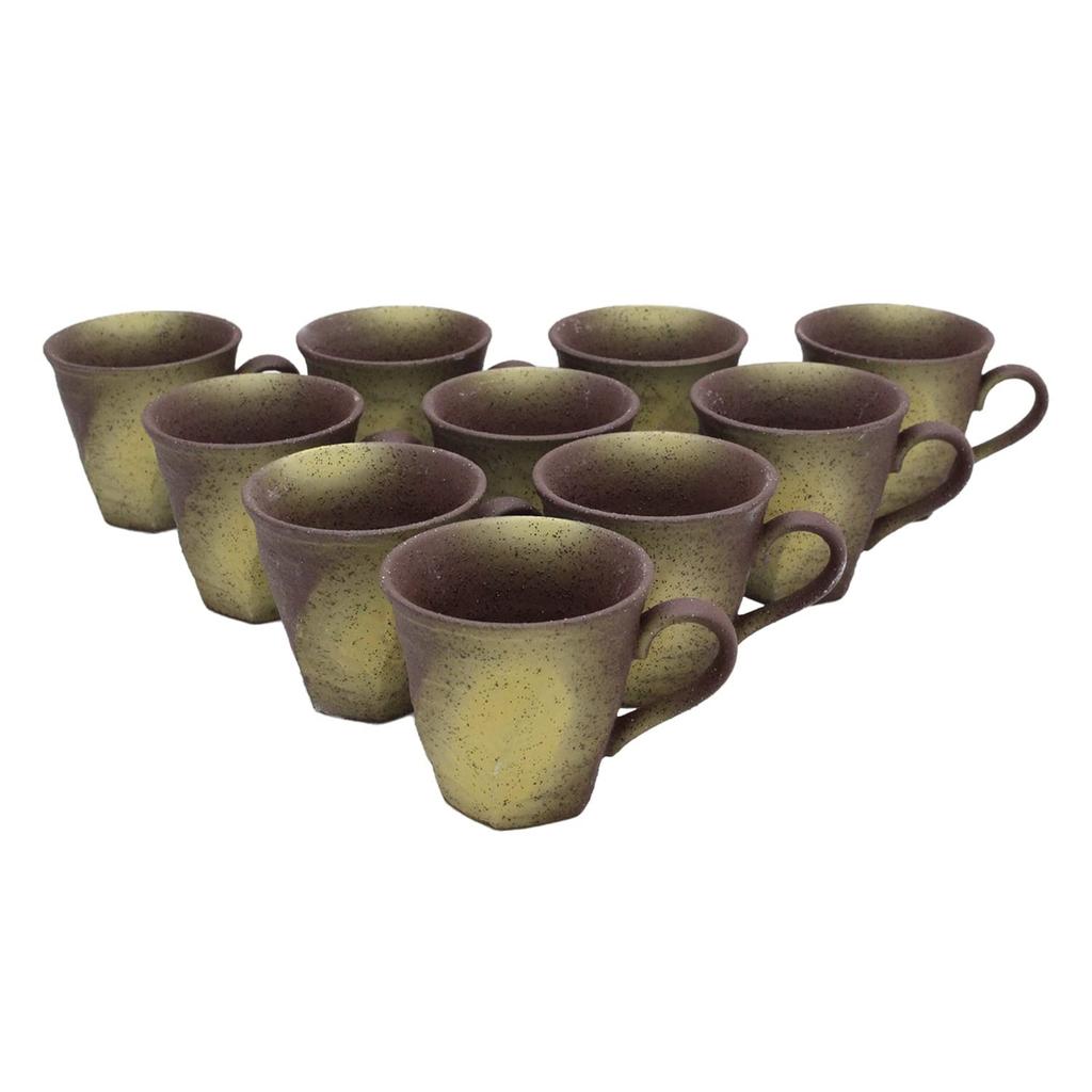 Castle Enterprises Mino Ware Japanese Cafe Series Rough-Kezuri Twisted Coffee Bowls, Shaded and Lightly Colored with Ink, Set of 10