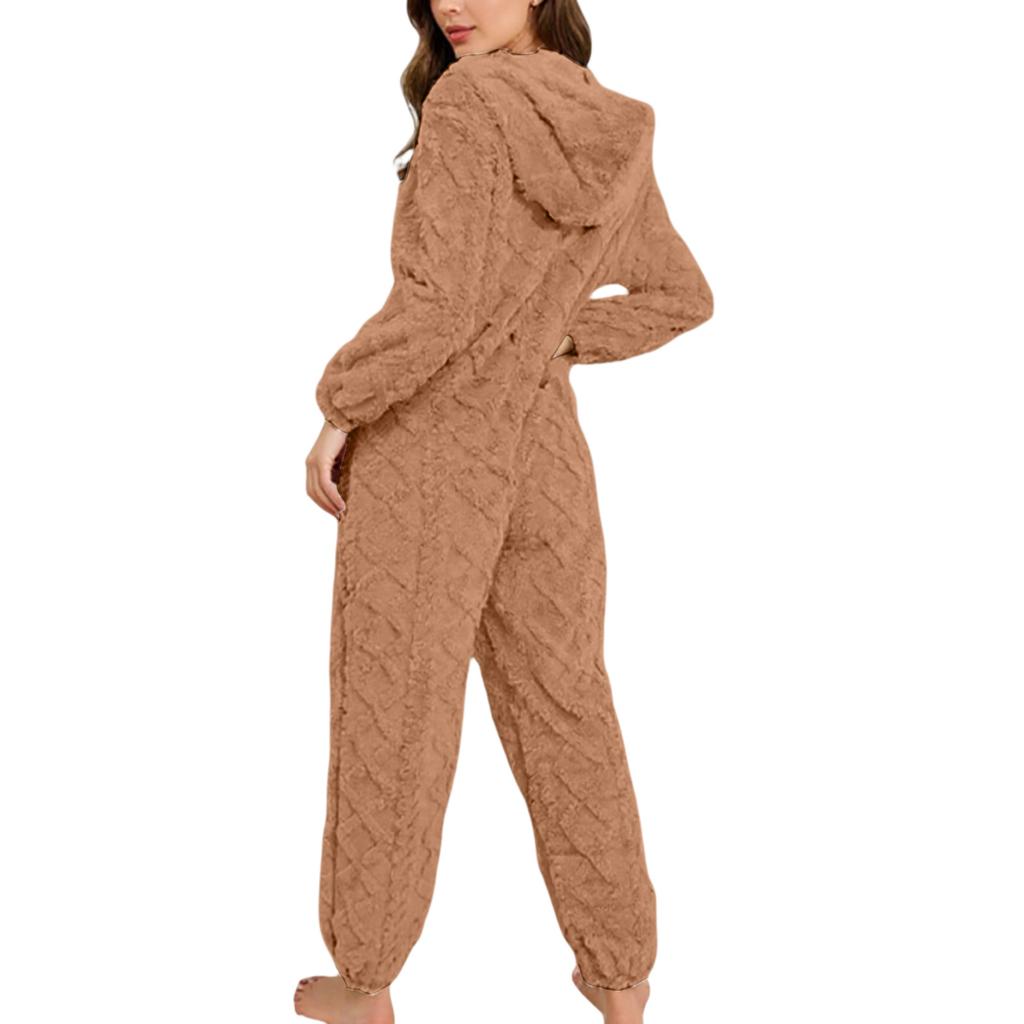 Женская мода Однотонная плюшевая домашняя одежда Повседневный комбинезон с капюшоном на молнии и длинными рукавами Пижама