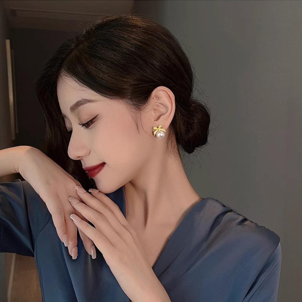 Jewelry Accessories Bow Pearl Ear Studs Bowknot Bow Pearl Ear Hook Bow Pearl Earrings  Lady/Gifts
