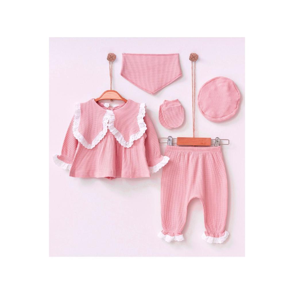 Комплект из 5 предметов для новорожденных 0–3 месяцев цвета бежево-бежевого цвета с фестончатым узором Hospital Release для девочек