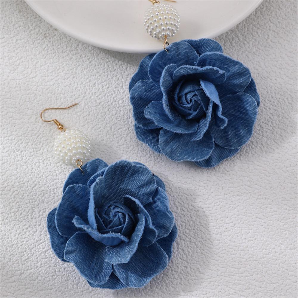 Denims Blue Rose Earrings Handmade Flower Earrings Fashion Denim Floral Earrings