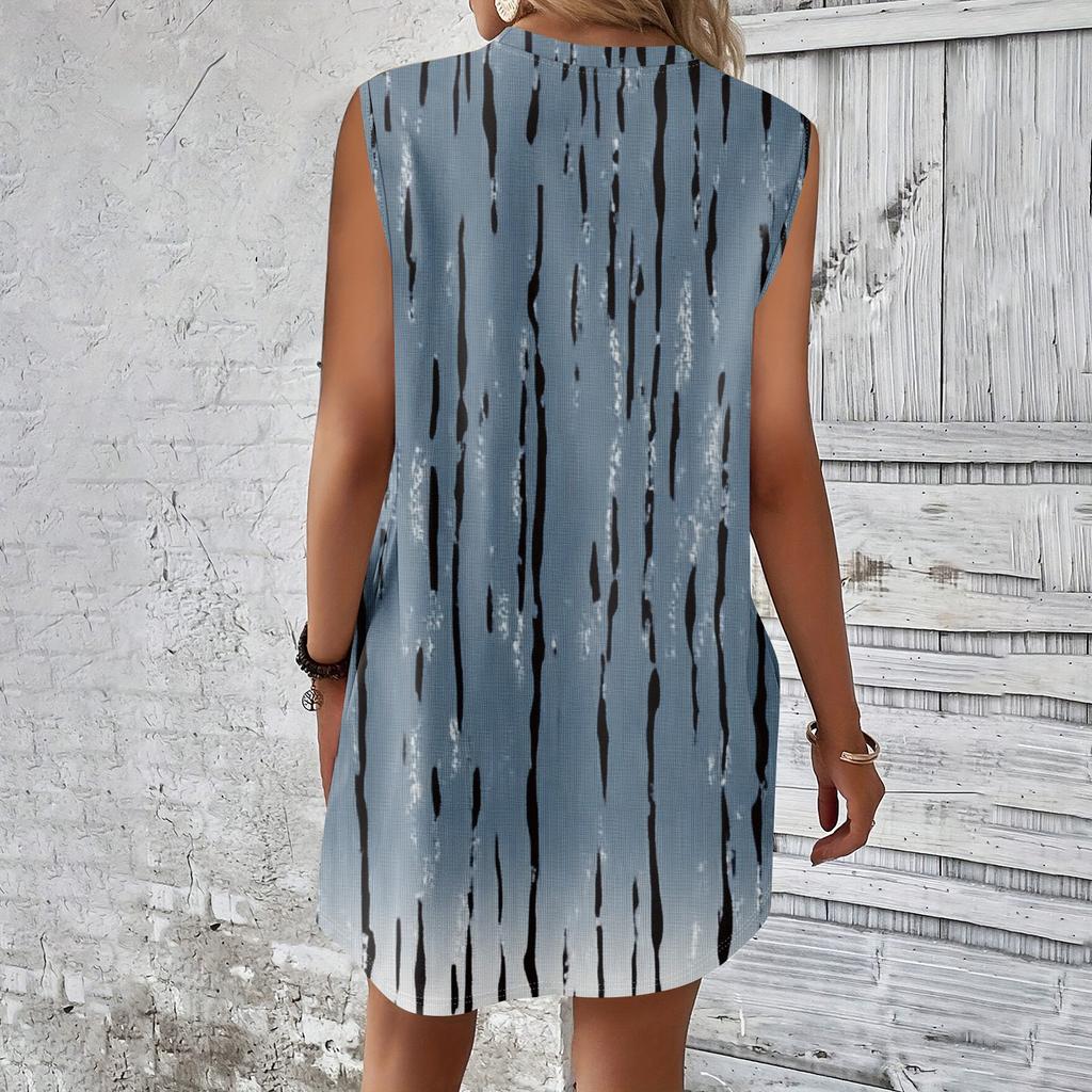 Женское повседневное и модное платье средней длины с круглым вырезом и без рукавов с принтом