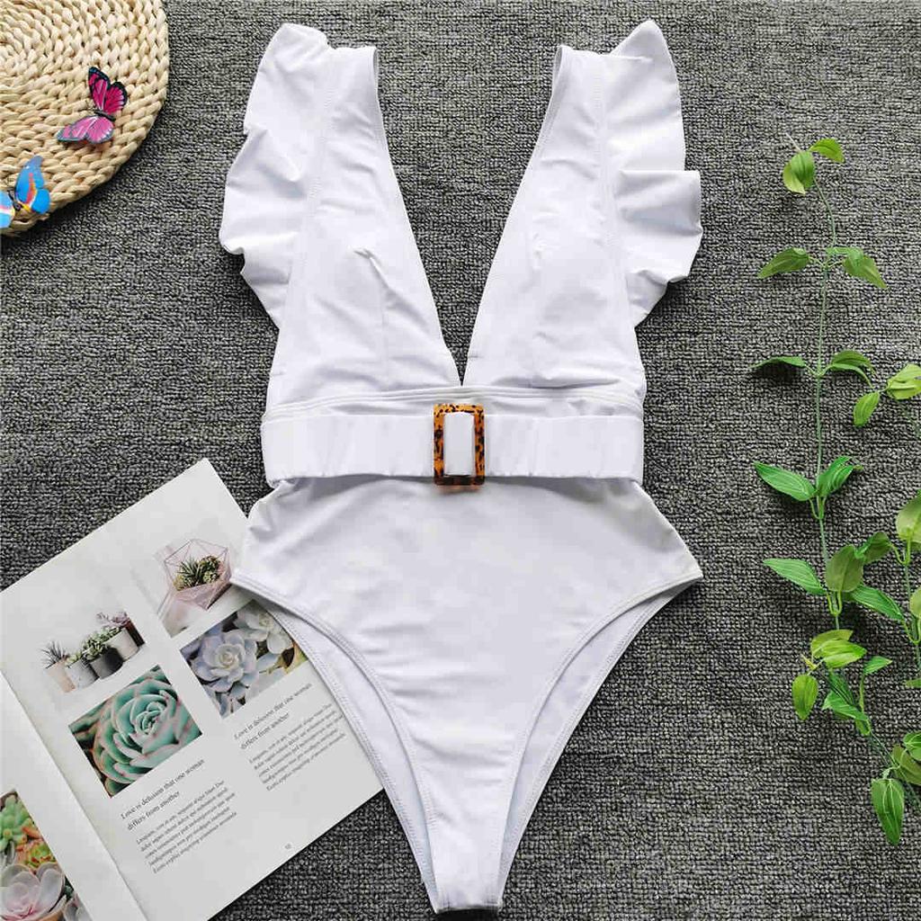 Sexy Ruffled White Deep V One Piece Swimsuit Women Swimwear Female With Belt Monokini Bather Bathing Suit Swim Lady