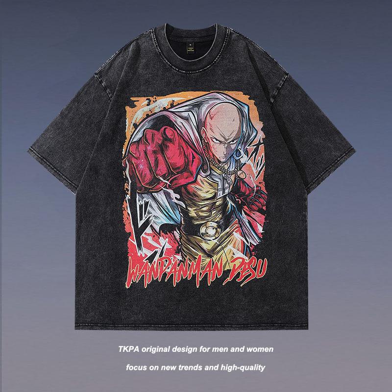 ONE PunchMan Manga Tshirt Saitama Graphic Print T Shirt Vintage Washed Oversized Cotton Tshirt Short Sleeve Tee Mens Clothing