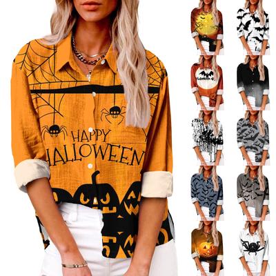 Женская повседневная рубашка с длинным рукавом и лацканами на пуговицах с принтом на Хэллоуин и карманом сверху