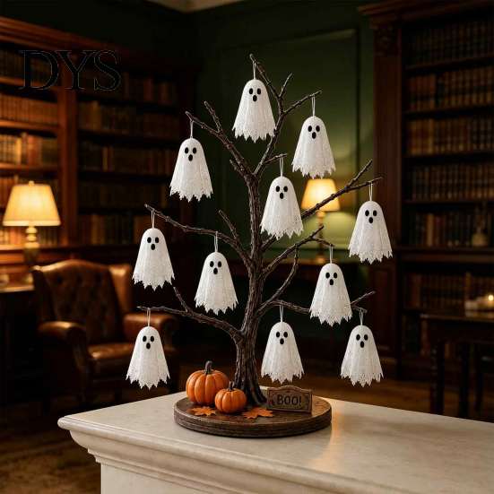 Indoor Halloween Party Props Glowing Ghost Tree Tabletop Decor, LED Lighted with Kid Friendly Ornaments Hanging for Home, Fireplace Mantel,